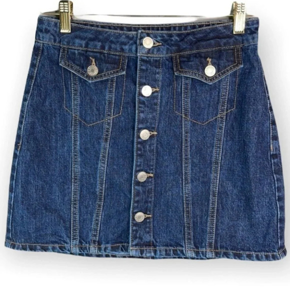 GARAGE Button Front Jean Skirt Blue Dark Wash Denim Mini Pockets Y2K Vibe S - Picture 2 of 9